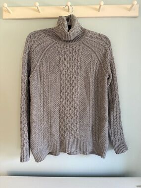 Women’s two bees cashmere wool Cable Knit fisherman Turtleneck Sweater gray M